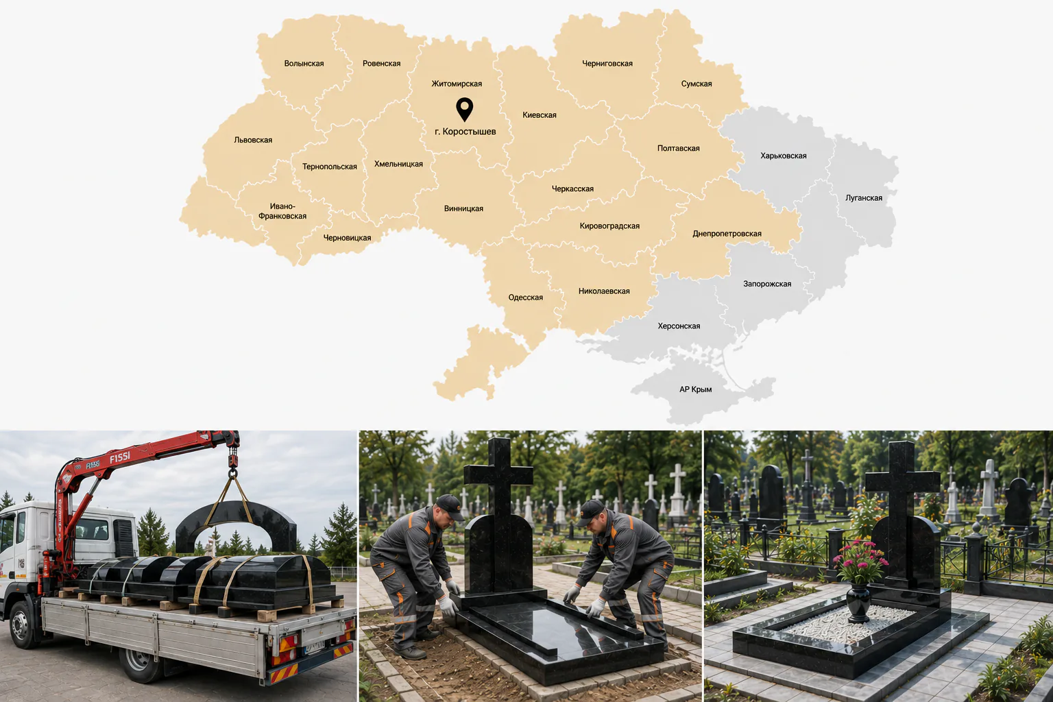 Карта Украины с областями доставки и отметкой производства в Коростышеве, доставка и установка памятника